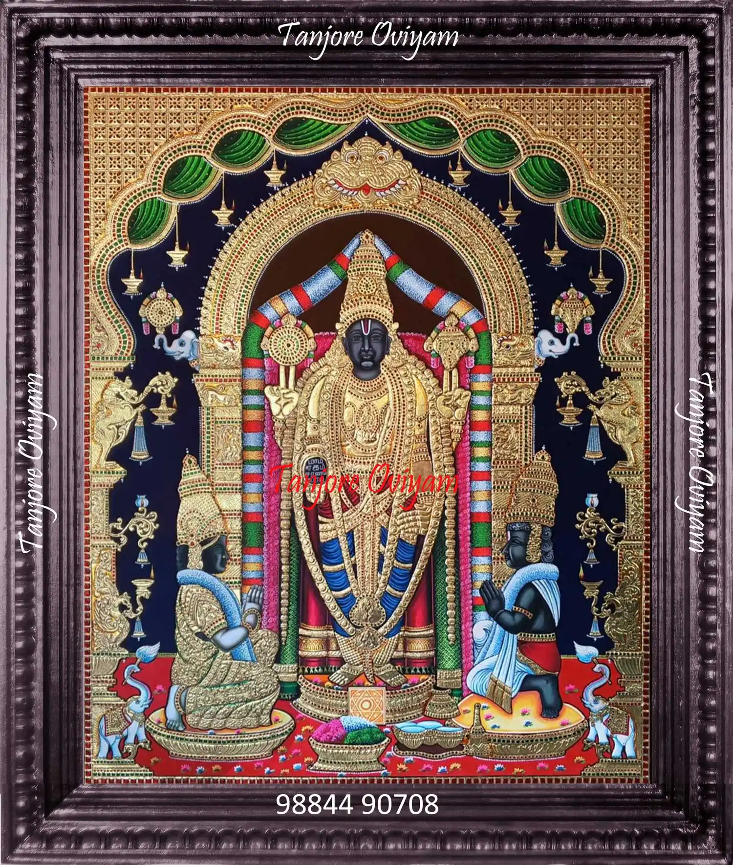 Oppiliappan Tanjore painting with traditional temple-style composition and detailed gold 